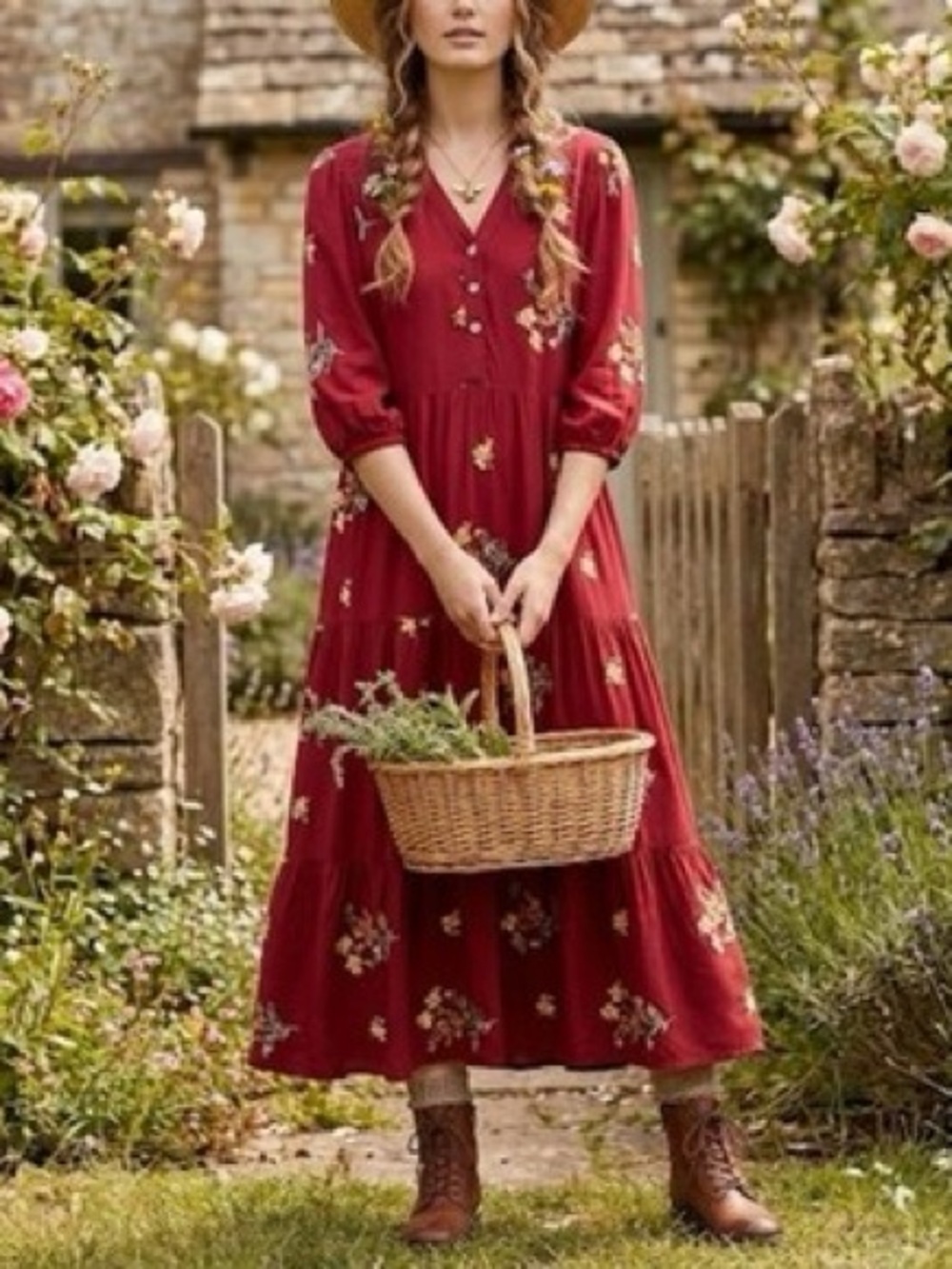 Cactus + Pearl Burgundy Floral Tiered Midi Dress Boho Button Front XL NWT